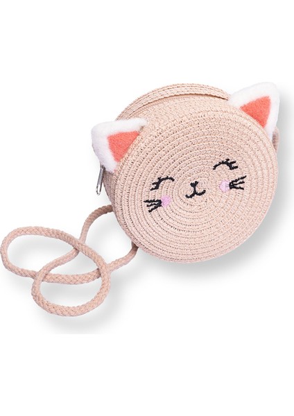 Kız Bebek Kedi Hasır Çocuk Çantası Fermuarlı