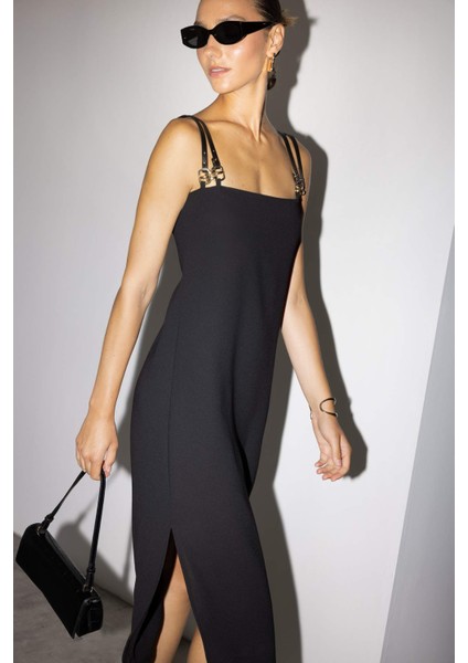 Kare Yaka Krep Kısa Kollu Midi Elbise G1528AX25AU