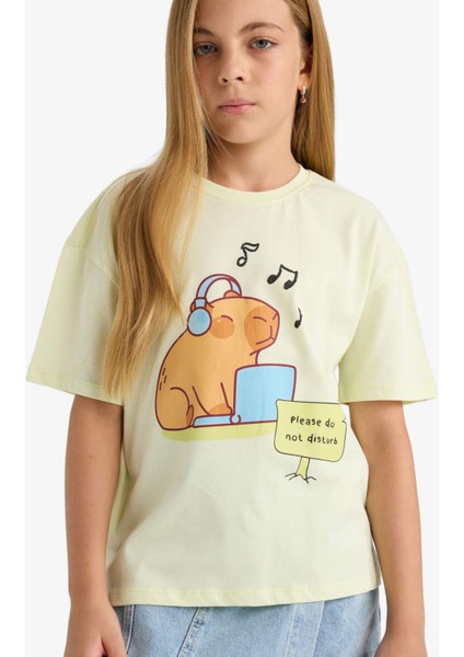 Kız Çocuk Relax Fit Bisiklet Yaka Baskılı Kısa Kollu Tişört F9723A825HS