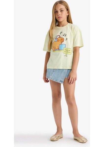 Kız Çocuk Relax Fit Bisiklet Yaka Baskılı Kısa Kollu Tişört F9723A825HS fiyatları