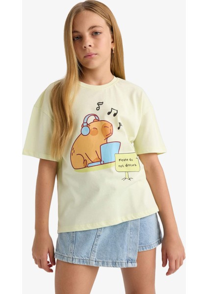 Kız Çocuk Relax Fit Bisiklet Yaka Baskılı Kısa Kollu Tişört F9723A825HS fırsatları