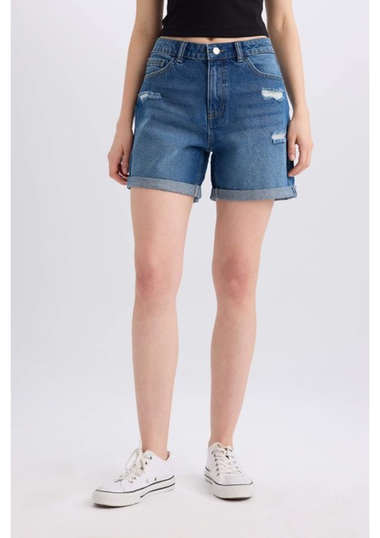 Boyfriend Yüksek Bel Katlamalı Paça Jean Şort