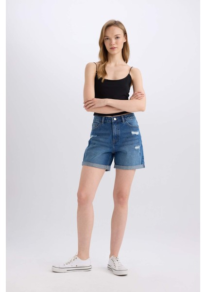 Boyfriend Yüksek Bel Katlamalı Paça Jean Şort modelleri