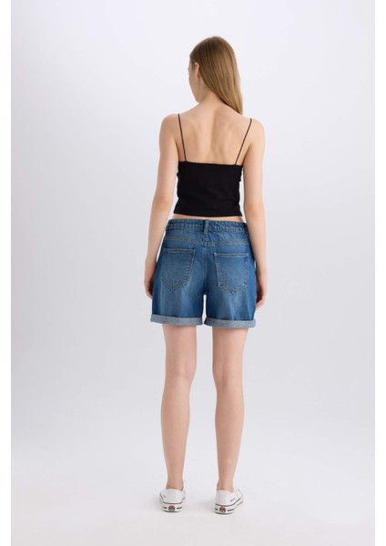 Boyfriend Yüksek Bel Katlamalı Paça Jean Şort