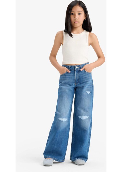Kız Çocuk Wide Leg Yırtık Detaylı Geniş Paça Jean Pantolon E5882A825AU