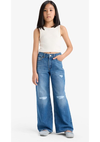 Kız Çocuk Wide Leg Yırtık Detaylı Geniş Paça Jean Pantolon E5882A825AU modelleri