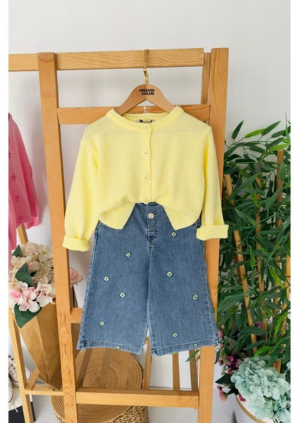 Triko Hırkalı Çiçek Işleme Kotlu Kız çocuk takım - Sarı fiyatları