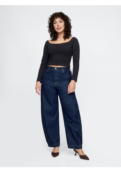 Kadın Mavi High Rise Barrel Jean Pantolon
