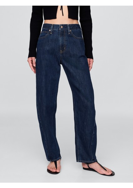 Kadın Mavi High Rise Barrel Jean Pantolon