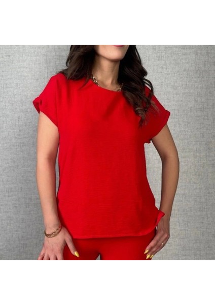 Kadın Kısa Kollu Yuvarlak Yaka Aerobin Bluz ve Pantolon Ikili Takım