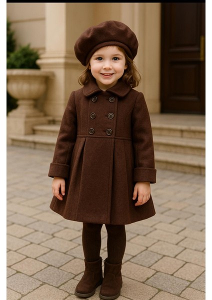 Kız Çocuk Ince Kaşe Kaban Şapka Ile Birlikte Astarsız