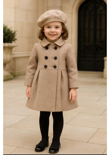 Kız Çocuk Ince Kaşe Kaban Şapka Ile Birlikte Astarsız