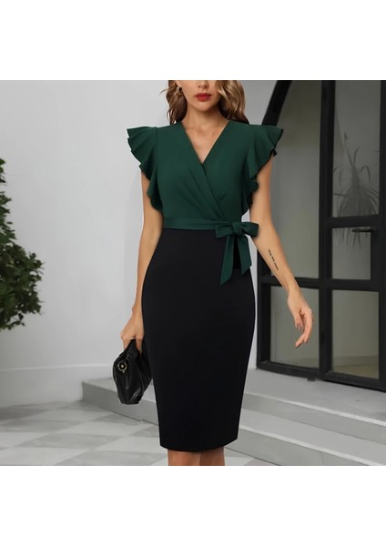 Kadın Kısa Kollu Kruvaze Yaka Beli Kuşaklı Blok Desenli Ithal Krep Elbise