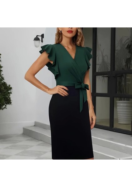 Kadın Kısa Kollu Kruvaze Yaka Beli Kuşaklı Blok Desenli Ithal Krep Elbise fiyatları