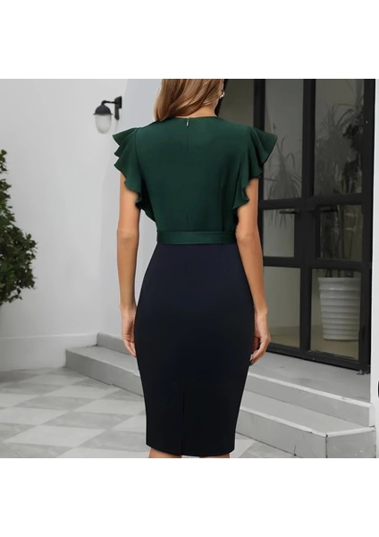 Kadın Kısa Kollu Kruvaze Yaka Beli Kuşaklı Blok Desenli Ithal Krep Elbise modelleri