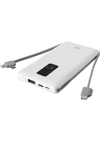 IP-T100C 10000 mAh Lightning + Micro + Type C Kablolu Powerbank Beyaz LCD'li Taşınabilir Pil Şarj