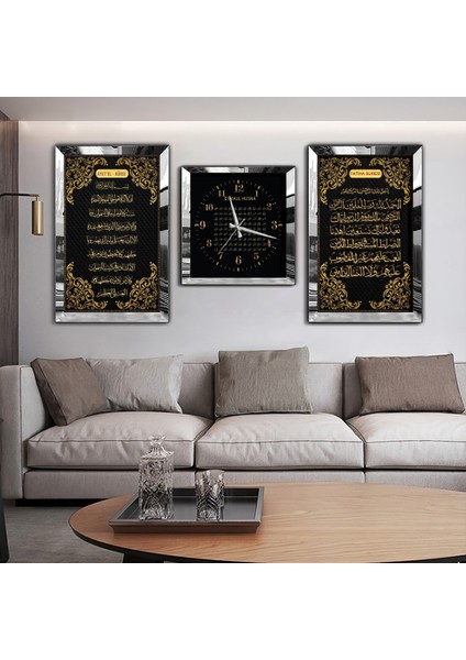 Gümüş Aynalı Pleksi Çerçeveli Ayetel Kürsi Fatiha Süresi ve Esmaül Hüsna Üçlü Mdf Tablo ve Saat Seti fiyatları
