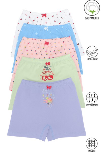 Özkan 41602 5'Li Paket Kız Çocuk Karışık Renkli Desenli Pamuklu Yumuşak Rahat Şort Boxer