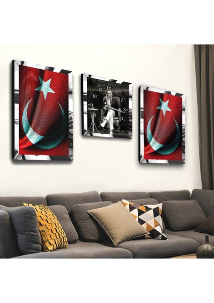 Gümüş Aynalı Pleksi Çerçeveli Mustafa Kemal Atatürk Aynalı Üçlü Mdf Tablo Seti ve Saat Seti fiyatları