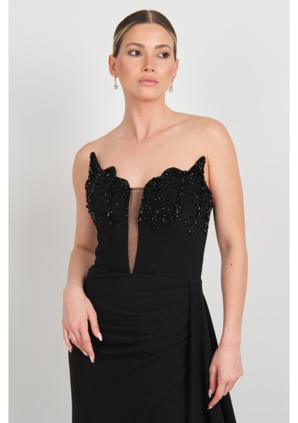 Kadın Derin Yırtmaçlı Göğsü Taş Işlemeli Krep Kumaş Abiye Elbise 7636 Siyah modelleri