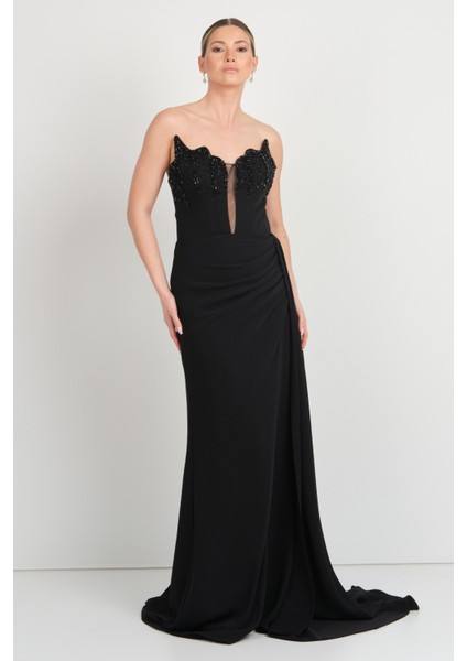 Kadın Derin Yırtmaçlı Göğsü Taş Işlemeli Krep Kumaş Abiye Elbise 7636 Siyah fırsatları