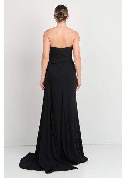 Kadın Derin Yırtmaçlı Göğsü Taş Işlemeli Krep Kumaş Abiye Elbise 7636 Siyah indirimleri