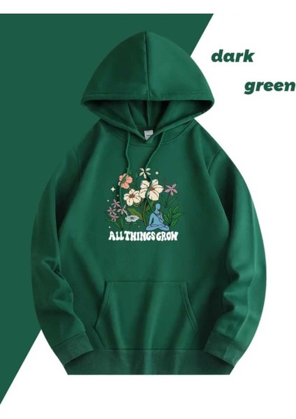 All Things Grow Baskılı Kapüşonlu Cepli Içi Yünlü Yeşil Sweatshirt