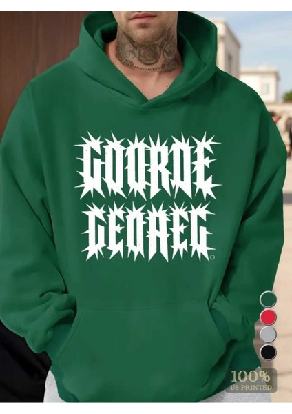 Gooroe Geoaeg Baskılı Kapüşonlu Cepli Içi Yünlü Yeşil Sweatshirt