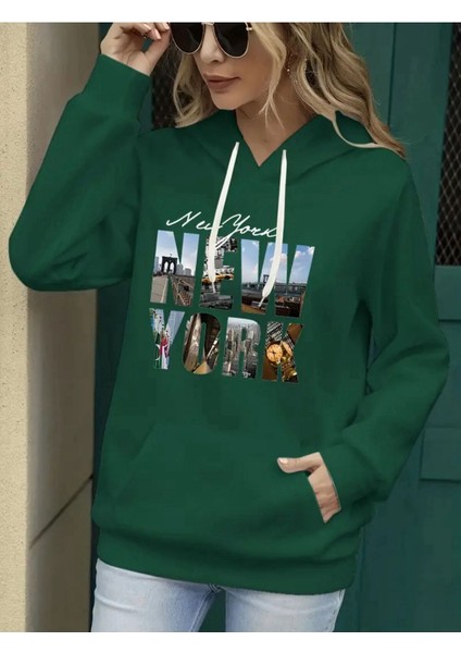 Newyork Baskılı Cepli Kapüşonlu Sweatshirt