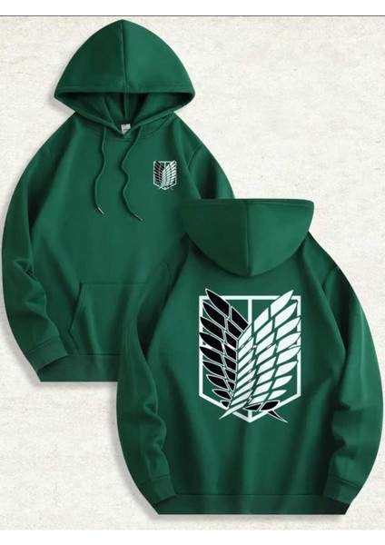 Aot Keşif Birliği Arka Göğüs Baskılı Kapüşonlu Cepli Içi Yünlü Yeşil Sweatshirt