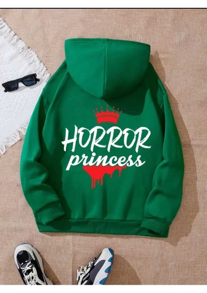 Horror Princess Arka Baskılı Kapüşonlu Cepli Pamuklu Yeşil Sweatshirt