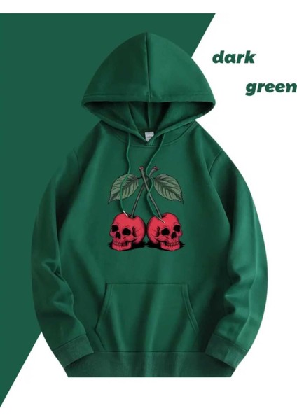 Kurukafa Vişne Baskılı Kapüşonlu Cepli Içi Yünlü Yeşil Sweatshirt