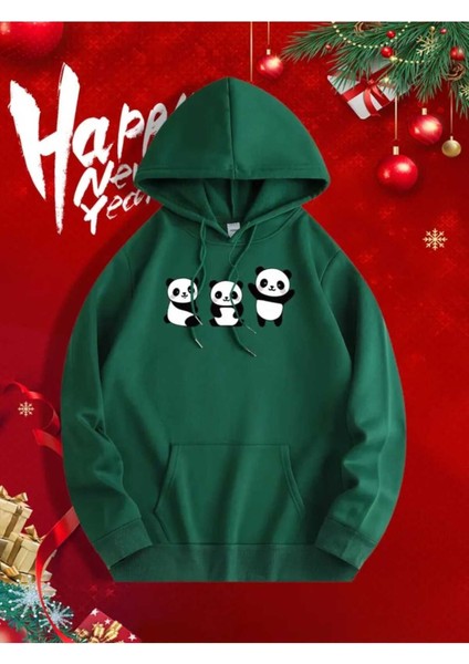 Sevimli Pandalar Ön ve Arkası Baskılı Kapüşonlu Cepli Içi Yünlü Yeşil Sweatshirt