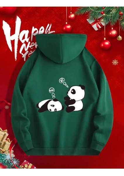 Sevimli Pandalar Ön ve Arkası Baskılı Kapüşonlu Cepli Içi Yünlü Yeşil Sweatshirt fiyatları