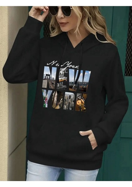 Newyork Baskılı Cepli Kapüşonlu Sweatshirt