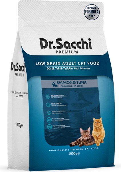 Premium Düşük Tahıllı Somonlu ve Ton Balıklı Yetişkin Kedi Maması 1 kg