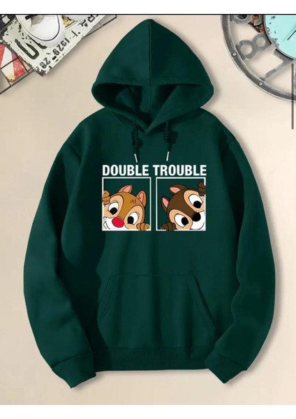 Double Trouple Baskılı 2 Iplik Şardonlu Cepli Kapüşonlu Sweatshırt