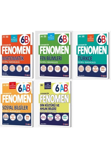 Fenomen Okul 2026 6. Sınıf Matematik + Türkçe + Fen + Sosyal + Din B Soru Seti 5 Kitap Güncel Müfredat
