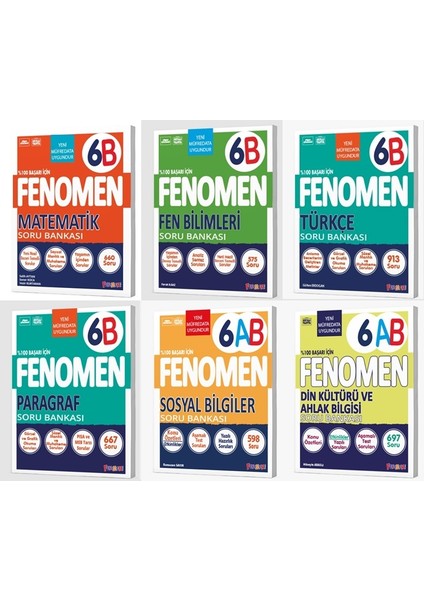 Fenomen Okul 2026 6. Sınıf Matematik + Türkçe + Fen + Paragraf + Sosyal + Din B Soru Seti 6 Kitap Güncel Müfredat