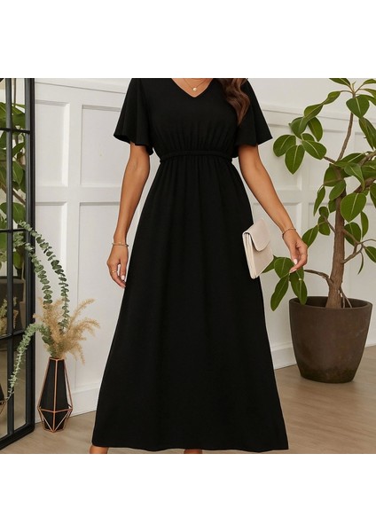 Kadın Kısa Kollu V Yakalı Beli Lastikli Uzun Viskon Elbise