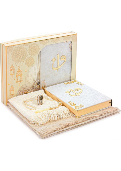 6 Parça Gelin Çeyizlik Seccade Seti Hediyelik Şal Tesbih Zikirmatik Kuranı Kerim Seti Beyaz