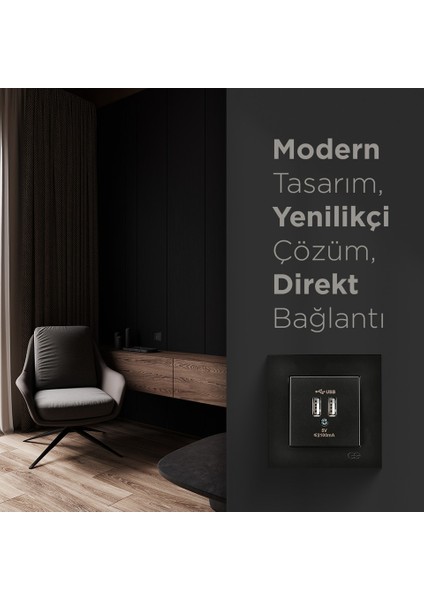 Eqona Metalik Siyah 2 USB Çıkışlı Şarj Prizi 5V 2.1A modelleri