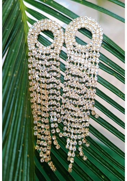 Sarı Renk Zirkon Taşlı Lüks Abiye Küpe