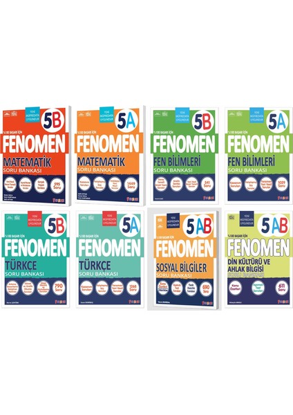 Fenomen Okul 2025 5. Sınıf Matematik + Türkçe + Fen + Sosyal + Din A + B Soru Seti 8 Kitap Güncel Müfredat