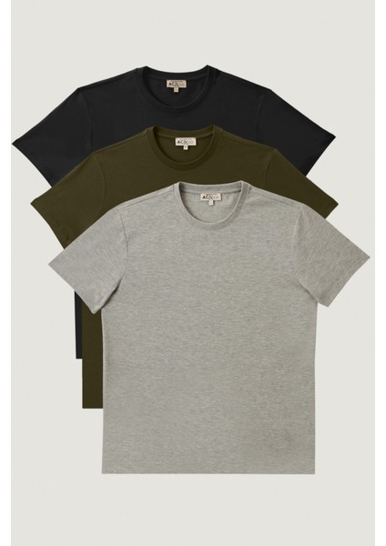 AC&Co / Altınyıldız Classics Erkek Sıyah-hakı-grı Melanj Slim Fit Dar Kesim Bisiklet Yaka 3'lü %100 Pamuk Tişört Paketi