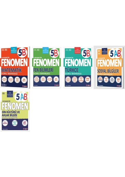 Fenomen Okul 2025 5. Sınıf Matematik + Türkçe + Fen + Sosyal + Din B Soru Seti 5 Kitap Güncel Müfredat