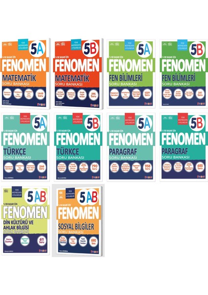 Fenomen Okul 2025 5. Sınıf Matematik + Türkçe + Fen + Paragraf + Sosyal + Din A + B Soru Seti 12 Kitap Güncel Müfredat