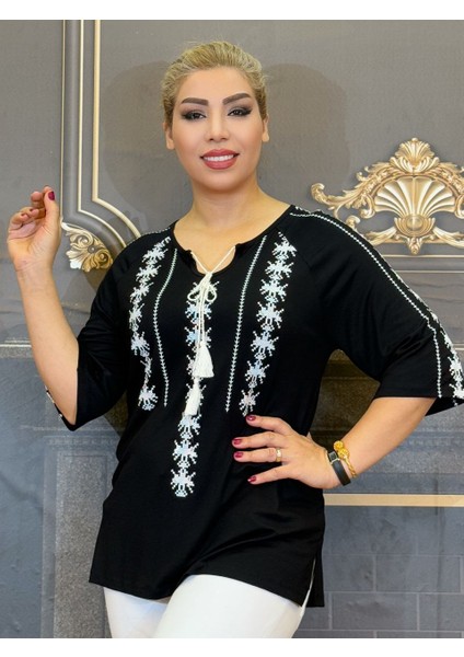 Bluz Penye Pamuk Iplik V Yaka Yarasa Kolu Işlemeli Günlük Siyah Renk Kadın