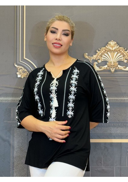 Bluz Penye Pamuk Iplik V Yaka Yarasa Kolu Işlemeli Günlük Siyah Renk Kadın fiyatları