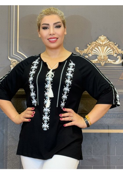Bluz Penye Pamuk Iplik V Yaka Yarasa Kolu Işlemeli Günlük Siyah Renk Kadın modelleri